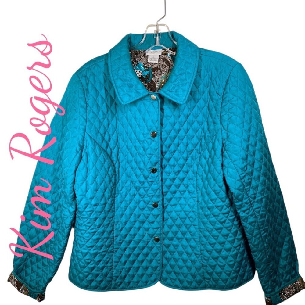 KIM ROGERS‎ QUILTED TEAL JACKET PAISLEY LINING, SIZE PETITE LARGE